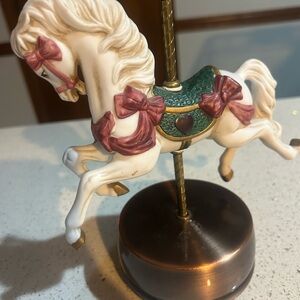 Ivory Carousel Horse Figurine with Green Saddle and Rose Bows